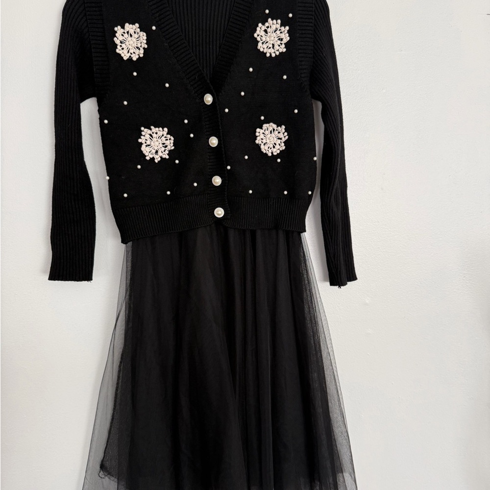 Chic Black Long Sleeve Dress with Cardigan